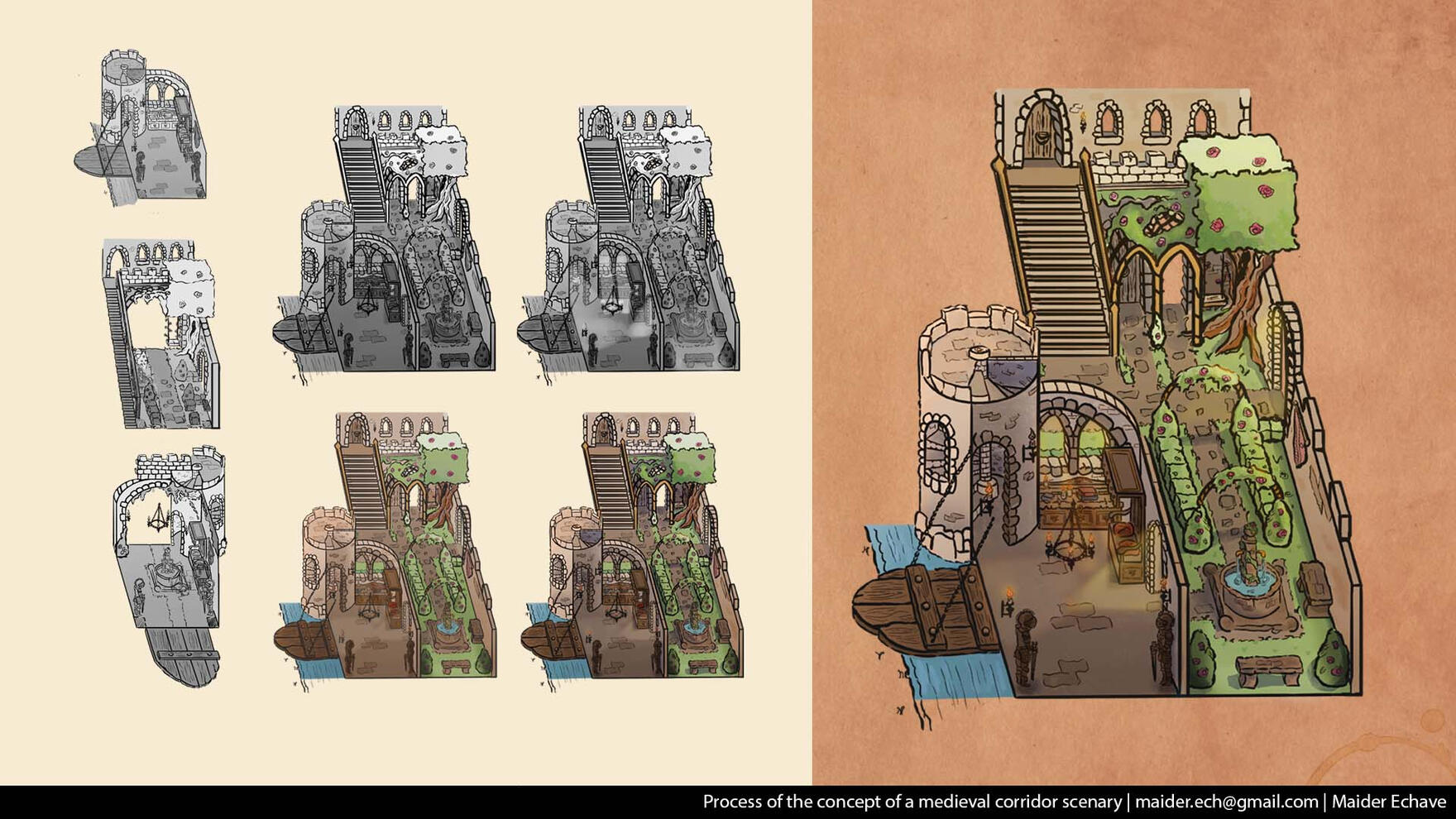Process of the concept of medieval corridor scenary (interior and exterior), using grisalle and isometric prespective.
