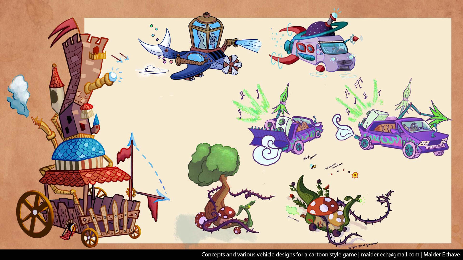 concepts and various vehicle designs for a cartoon style game
