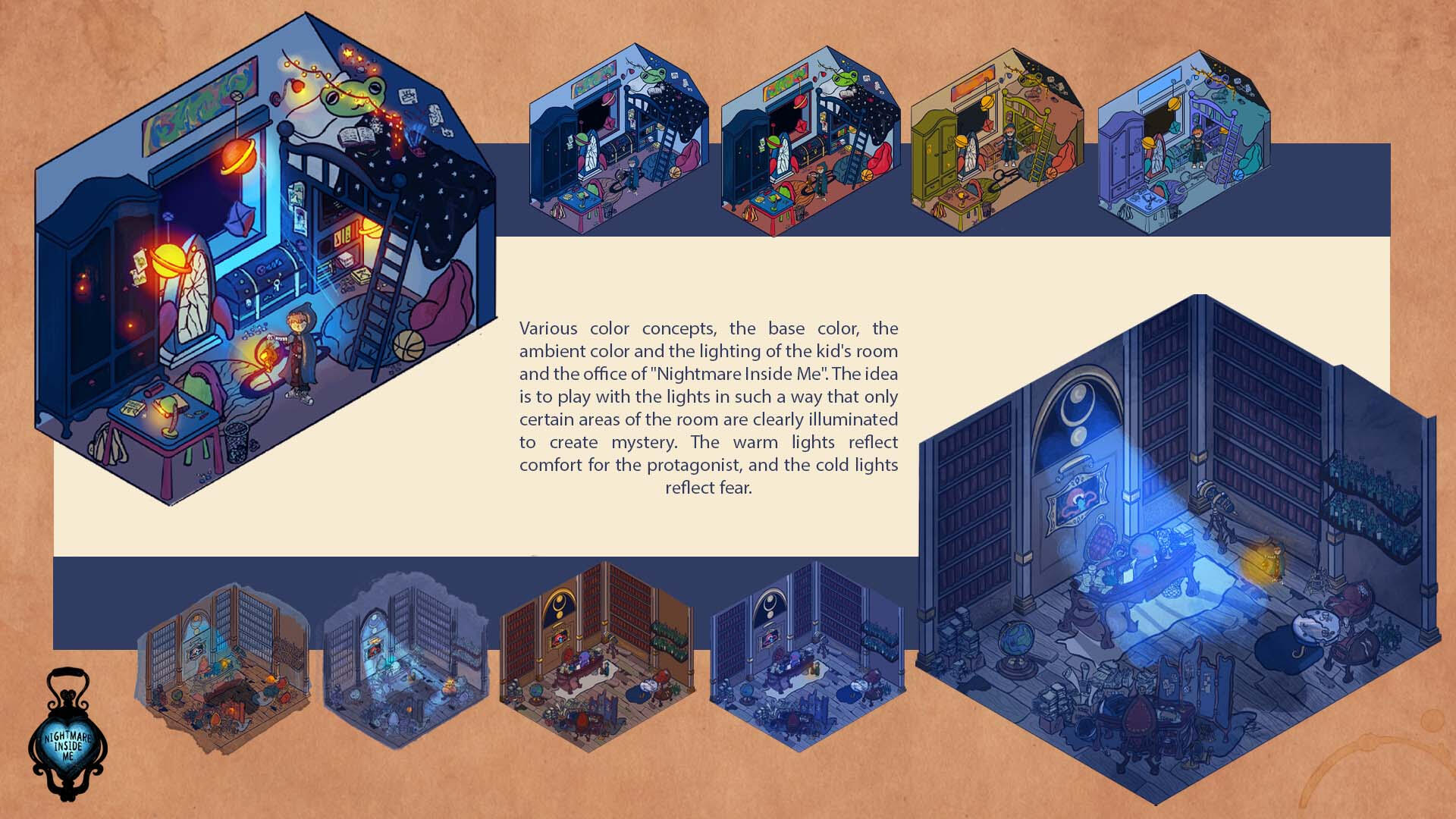 Various color concepts, the base color, the ambient color and the lighting of the kid's room and the office of "Nightmare Inside Me". The idea is to play with the lights in such a way that only certain areas of the woom are clearlt illuminated to create my